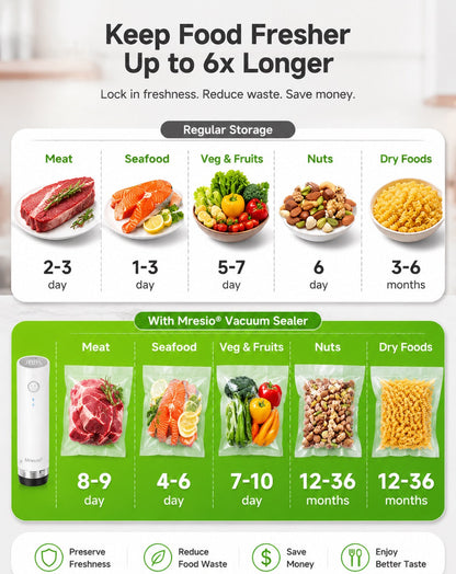 Mresio® Fresh Reserve Vacuum Sealer – Keep Food Fresh Up to 5x Longer, Reduce Waste, Perfect for Home & Travel
