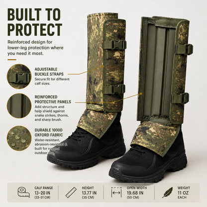 Protective Snake Guard Gaiters – Reinforced Lower-Leg Safety for Hiking, Hunting, Camping & Outdoor Work, Adjustable Over Boots – 4 Durable Colors