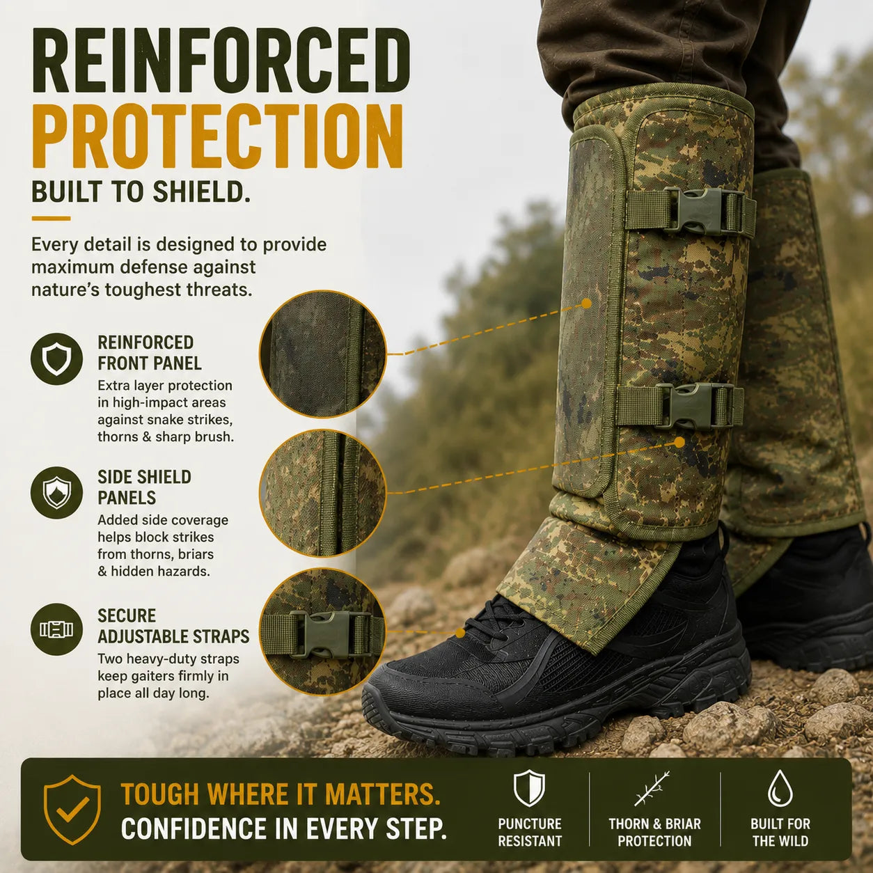 Protective Snake Guard Gaiters – Reinforced Lower-Leg Safety for Hiking, Hunting, Camping & Outdoor Work, Adjustable Over Boots – 4 Durable Colors