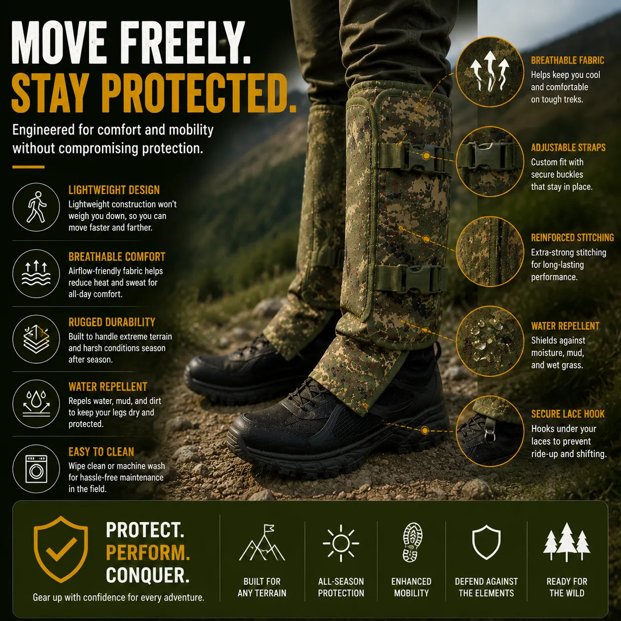 Protective Snake Guard Gaiters – Reinforced Lower-Leg Safety for Hiking, Hunting, Camping & Outdoor Work, Adjustable Over Boots – 4 Durable Colors