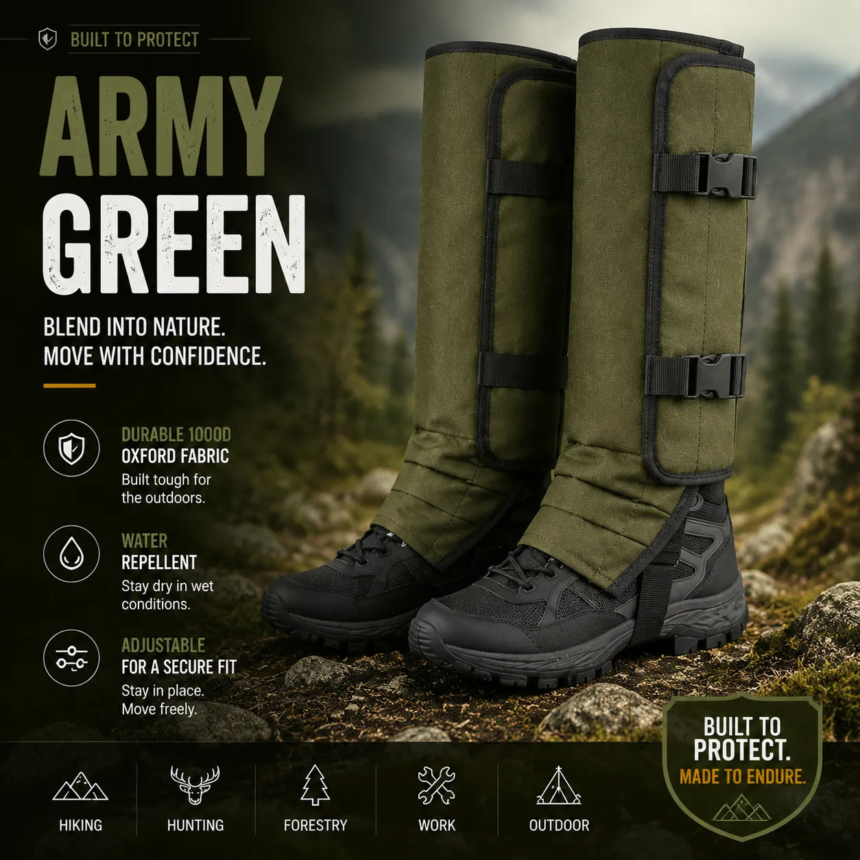 Protective Snake Guard Gaiters – Reinforced Lower-Leg Safety for Hiking, Hunting, Camping & Outdoor Work, Adjustable Over Boots – 4 Durable Colors